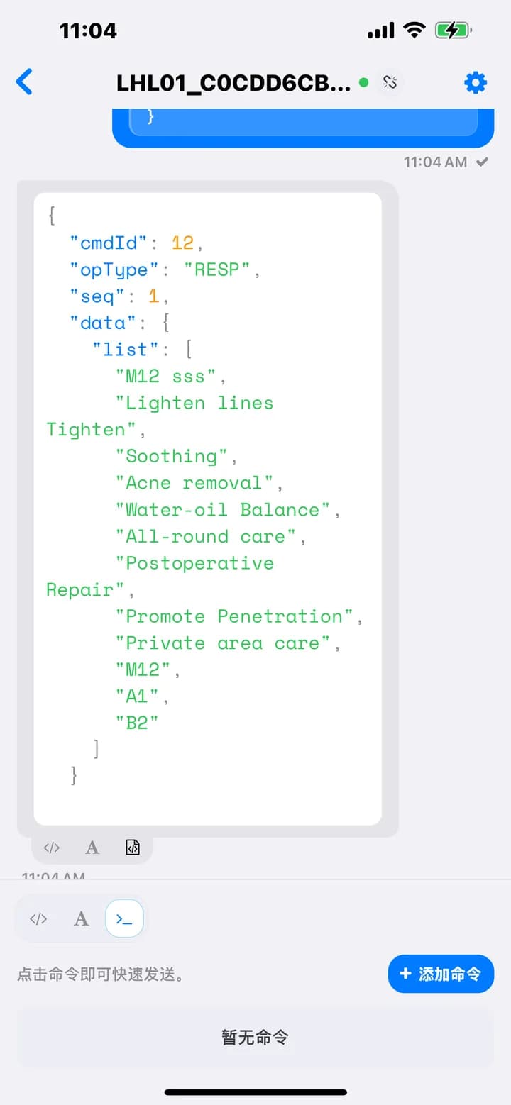 ChatBLE 蓝牙调试 App - JSON 格式化（真实项目界面截图，已脱敏）
