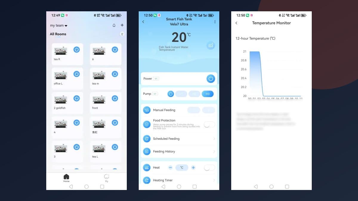 智能鱼缸 App 真机界面：设备首页、鱼缸控制和水温曲线