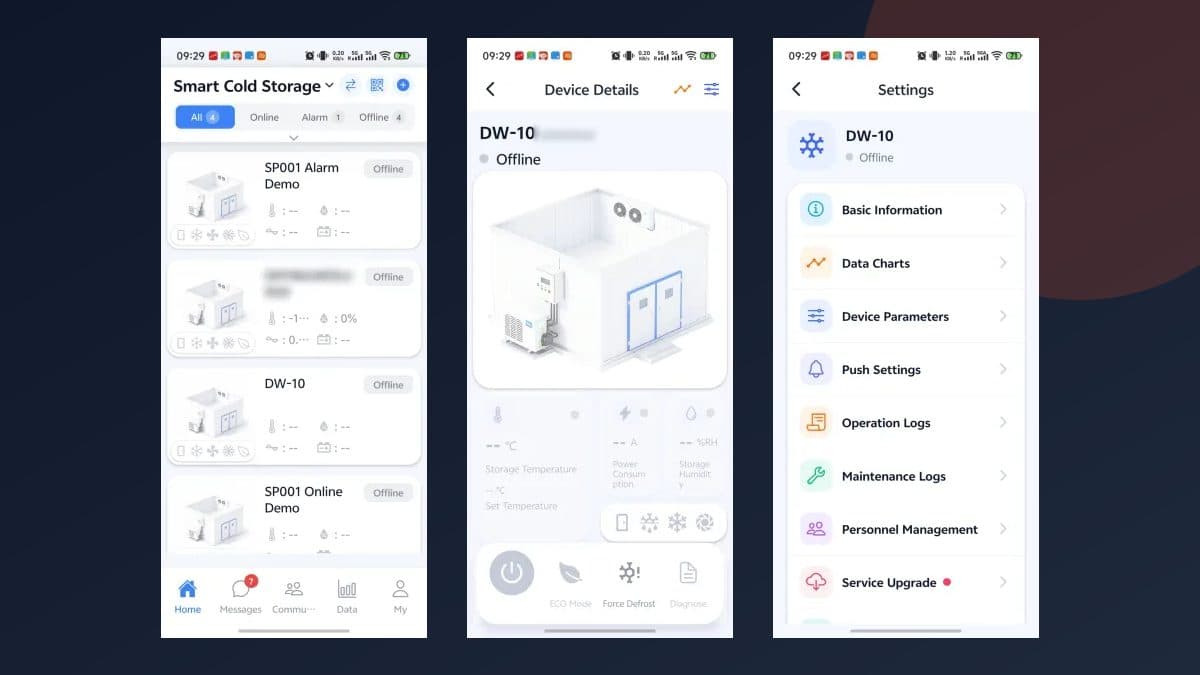 冷链 App 真机界面:设备列表、设备详情与设置菜单